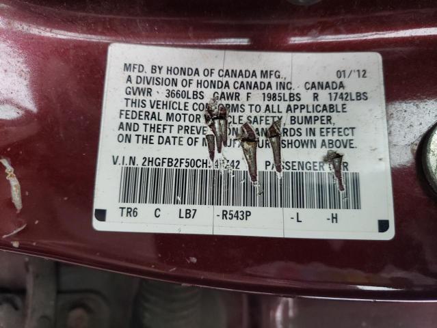 2HGFB2F50CH543742 - 2012 HONDA CIVIC LX MAROON photo 12