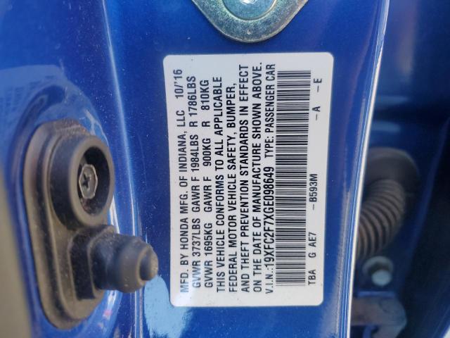 19XFC2F7XGE098649 - 2016 HONDA CIVIC EX BLUE photo 12