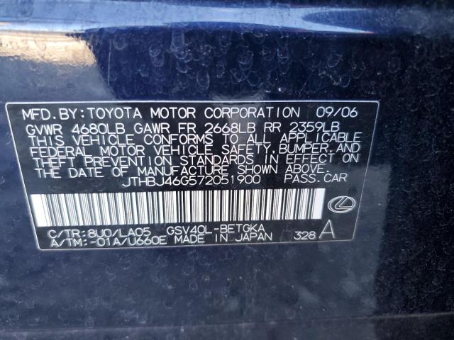 JTHBJ46G572051900 - 2007 LEXUS ES 350 BLUE photo 12