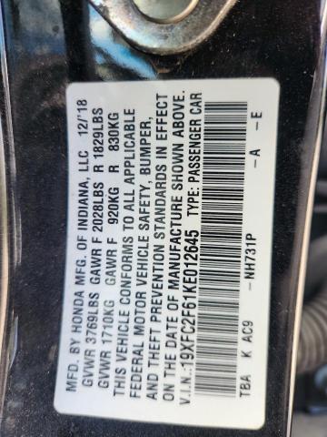 19XFC2F61KE012645 - 2019 HONDA CIVIC LX BLACK photo 12