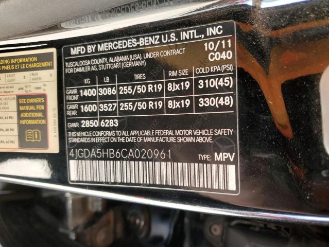 4JGDA5HB6CA020961 - 2012 MERCEDES-BENZ ML 350 4MATIC BLACK photo 13