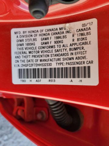 2HGFC2F72HH532330 - 2017 HONDA CIVIC EX 红色 照片 12