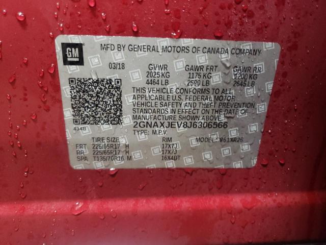 2GNAXJEV8J6306566 - 2018 CHEVROLET EQUINOX LT RED photo 12