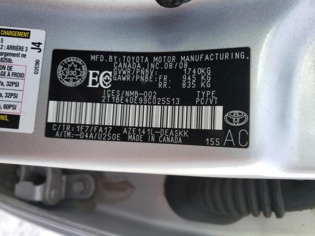 2T1BE40E99C025513 - 2009 TOYOTA COROLLA XRS SILVER photo 12