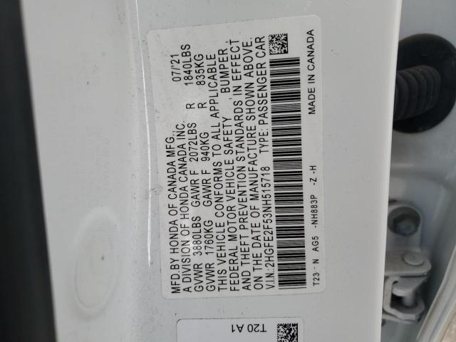 2HGFE2F53NH515718 - 2022 HONDA CIVIC SPORT თეთრი ფოტო 12