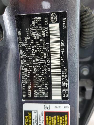 4T4BF1FK0CR237141 - 2012 TOYOTA CAMRY BASE GRAY photo 12