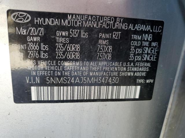 5NMS24AJ5MH347430 - 2021 HYUNDAI SANTA FE SEL GRAY photo 12