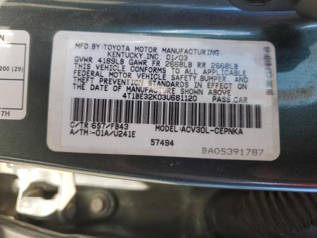 4T1BE32K03U681120 - 2003 TOYOTA CAMRY LE GREEN photo 12