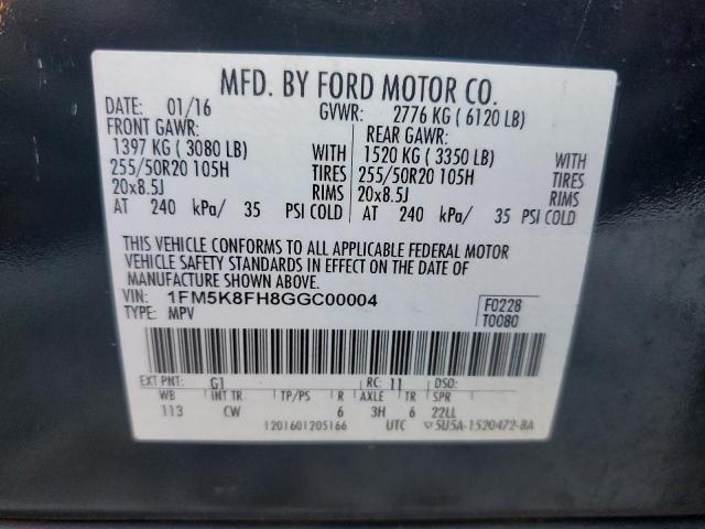 1FM5K8FH8GGC00004 - 2016 FORD EXPLORER LIMITED BLACK photo 13