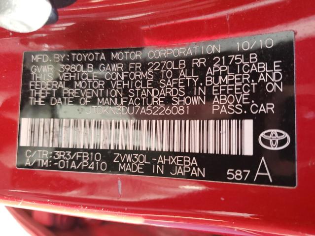 JTDKN3DU7A5226081 - 2010 TOYOTA PRIUS RED photo 12