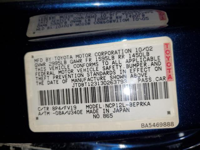 JTDBT123130263793 - 2003 TOYOTA ECHO BLUE photo 12