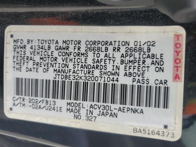 JTDBE32K320071044 - 2002 TOYOTA CAMRY LE BLACK photo 12