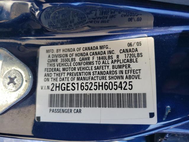 2HGES16525H605425 - 2005 HONDA CIVIC LX BLUE photo 12