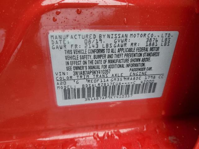 3N1AB7AP9KY410357 - 2019 NISSAN SENTRA S 红色 照片 12