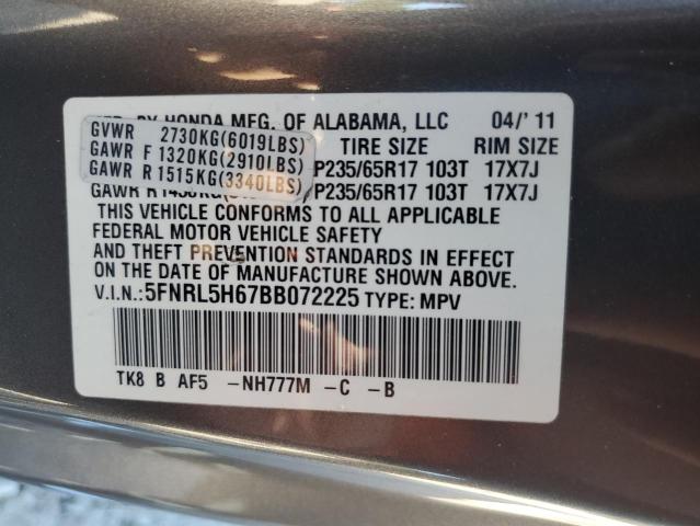 5FNRL5H67BB072225 - 2011 HONDA ODYSSEY EXL GRAY photo 13