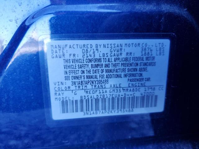 3N1AB7AP2KY395488 - 2019 NISSAN SENTRA S BLUE photo 12