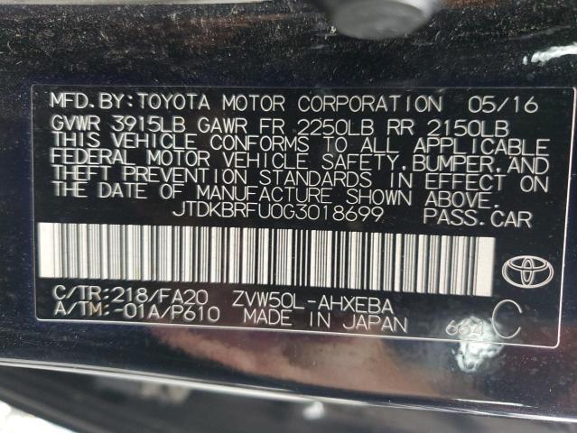 JTDKBRFU0G3018699 - 2016 TOYOTA PRIUS BLACK photo 13