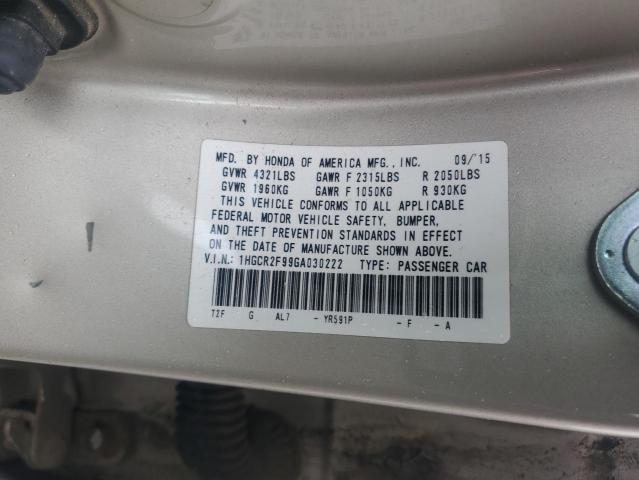 1HGCR2F99GA030222 - 2016 HONDA ACCORD EXL GOLD photo 12