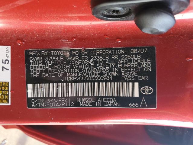 JTDKB20U583300984 - 2008 TOYOTA PRIUS RED photo 12