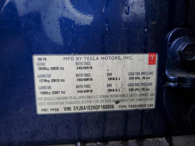 5YJSA1E26GF160806 - 2016 TESLA MODEL S Mavi foto 13