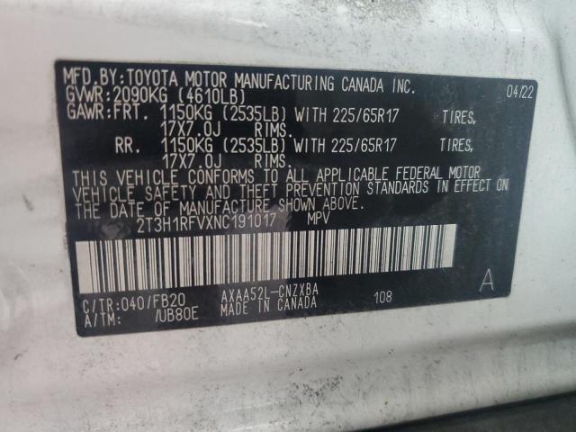 2T3H1RFVXNC191017 - 2022 TOYOTA RAV4 LE WHITE photo 13