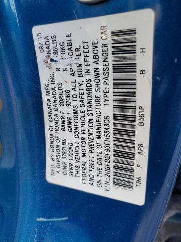 2HGFB2F93FH554306 - 2015 HONDA CIVIC EXL ლურჯი ფოტო 12