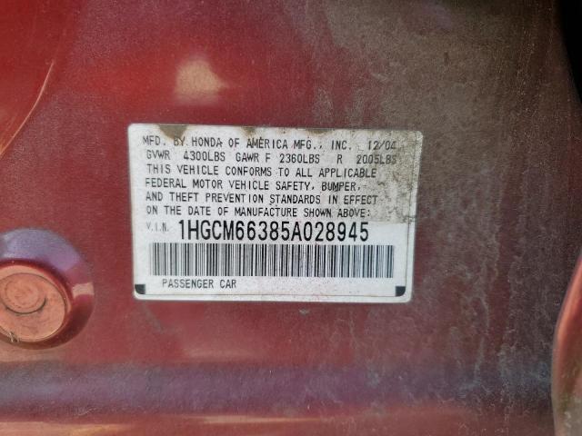 1HGCM66385A028945 - 2005 HONDA ACCORD LX RED photo 12