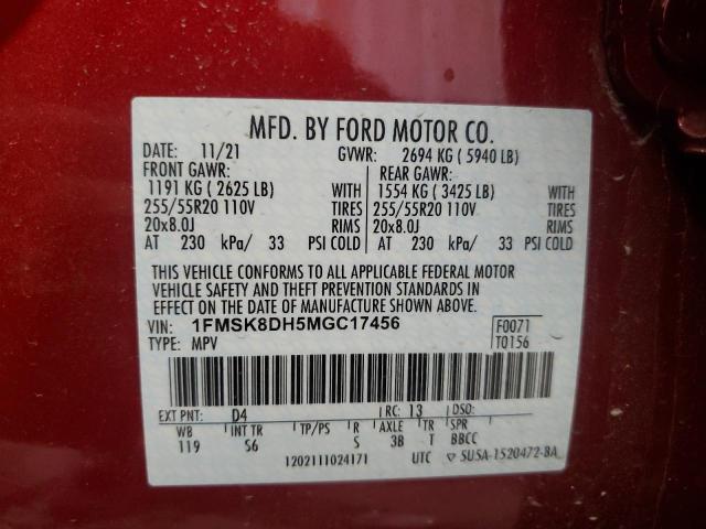 1FMSK8DH5MGC17456 - 2021 FORD EXPLORER XLT RED photo 13