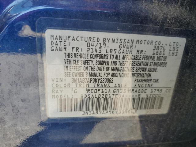 3N1AB7AP9KY339063 - 2019 NISSAN SENTRA S BLUE photo 13