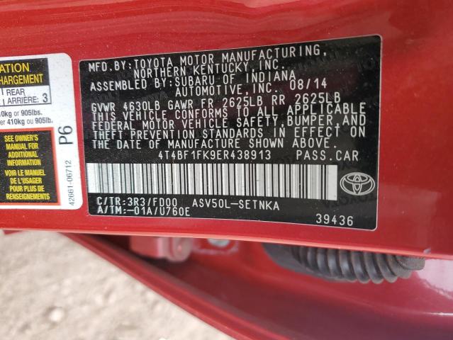4T4BF1FK9ER438913 - 2014 TOYOTA CAMRY L RED photo 12
