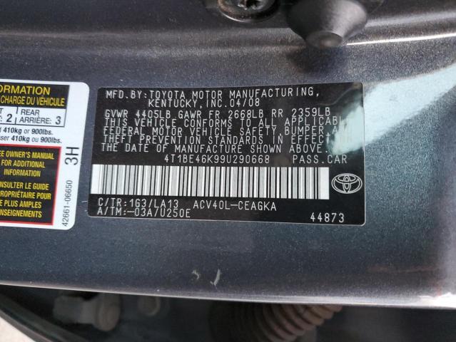 4T1BE46K99U290668 - 2009 TOYOTA CAMRY BASE CHARCOAL photo 12