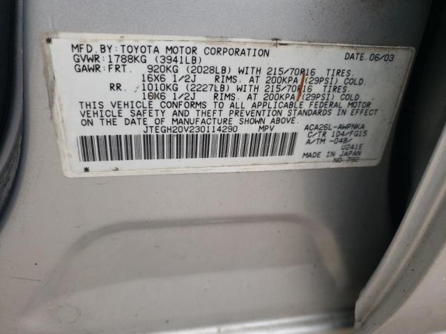 JTEGH20V230114290 - 2003 TOYOTA RAV4 SILVER photo 12