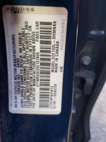 2T1KR32E23C157855 - 2003 TOYOTA COROLLA MA XR BLUE photo 12