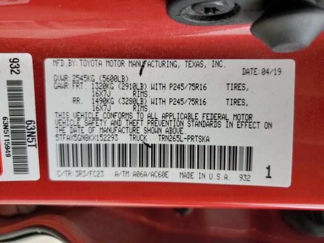 5TFAX5GN8KX152293 - 2019 TOYOTA TACOMA DOUBLE CAB Rot Foto 12