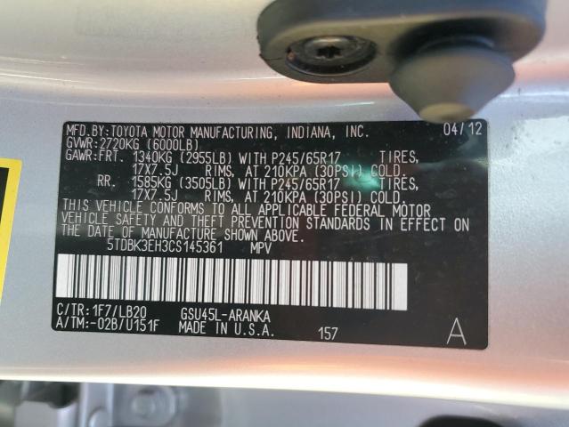 5TDBK3EH3CS145361 - 2012 TOYOTA HIGHLANDER BASE 银色 照片 14