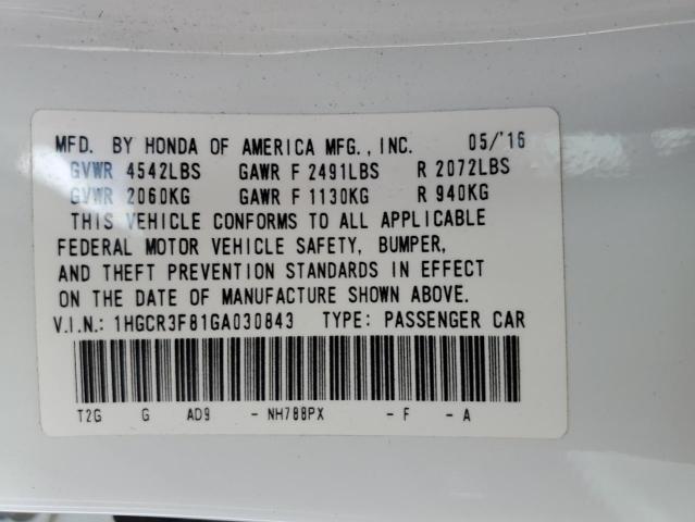 1HGCR3F81GA030843 - 2016 HONDA ACCORD EXL WHITE photo 13