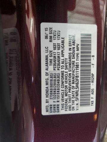 5FNRL5H63FB111981 - 2015 HONDA ODYSSEY EXL MAROON photo 13