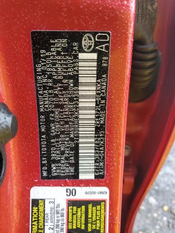 2T1BURHE3KC231369 - 2019 TOYOTA COROLLA L წითელი ფოტო 12