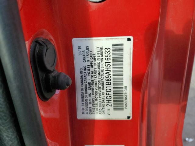 2HGFG1B89AH516533 - 2010 HONDA CIVIC EX 红色 照片 12