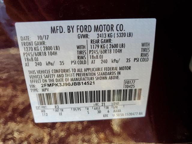 2FMPK3J90JBB14521 - 2018 FORD EDGE SEL BURGUNDY photo 12