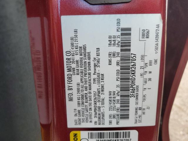 3FA6P0HD5KR267057 - 2019 FORD FUSION SE RED photo 12