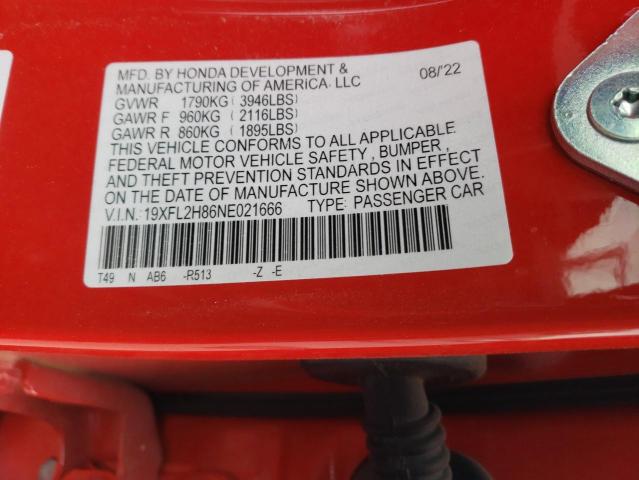 19XFL2H86NE021666 - 2022 HONDA CIVIC SPORT RED photo 13