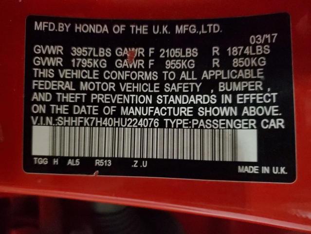 SHHFK7H40HU224076 - 2017 HONDA CIVIC SPORT 红色 照片 12