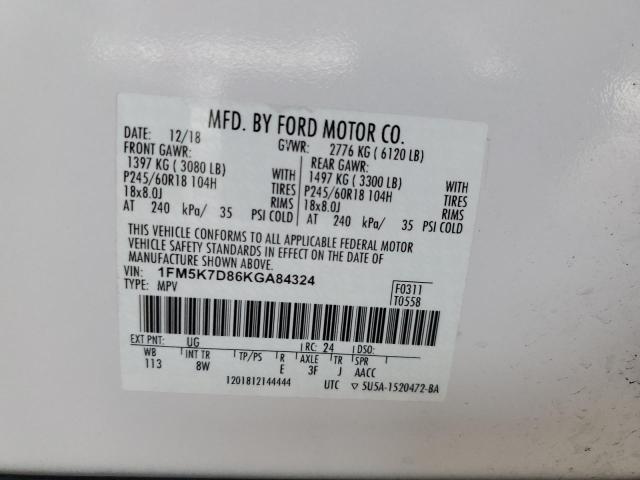 1FM5K7D86KGA84324 - 2019 FORD EXPLORER XLT Սպիտակ լուսանկար 13