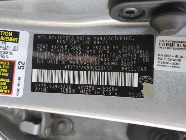 4T1T11AK0NU623453 - 2022 TOYOTA CAMRY SE SILVER photo 12