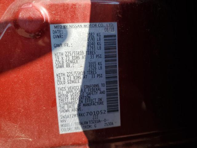 5N1AT2MT4KC701052 - 2019 NISSAN ROGUE S Қызыл фото 13