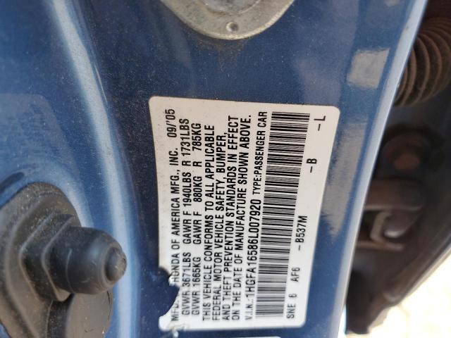 1HGFA16586L007920 - 2006 HONDA CIVIC LX Կապույտ լուսանկար 12