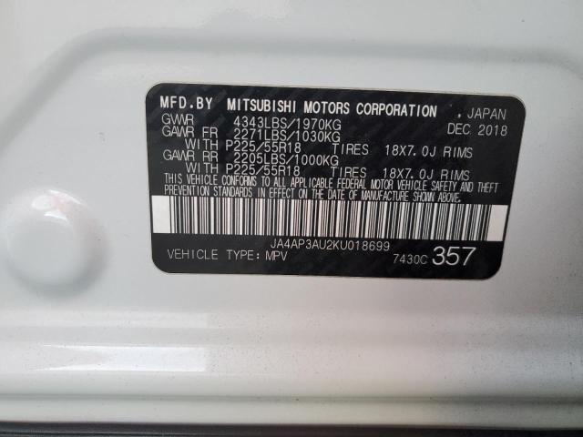 JA4AP3AU2KU018699 - 2019 MITSUBISHI OUTLANDER ES WHITE photo 12