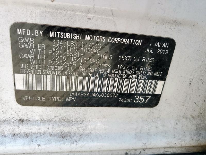 JA4AP3AU4KU036072 - 2019 MITSUBISHI OUTLANDER ES أبيض صورة 13