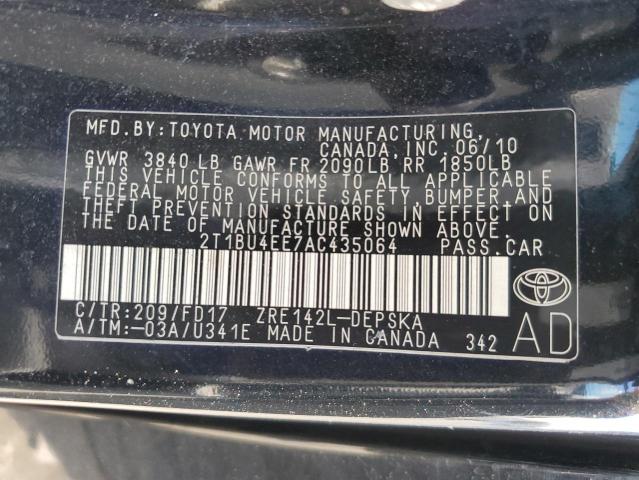 2T1BU4EE7AC435064 - 2010 TOYOTA COROLLA BASE BLACK photo 12